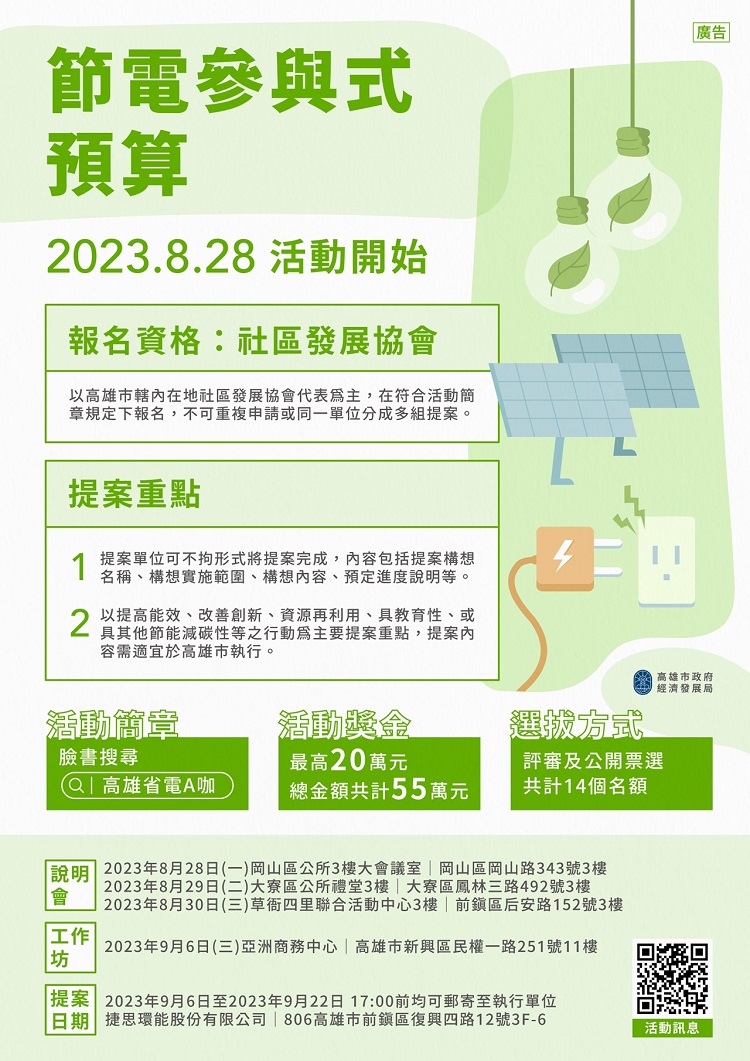 經發局訂於112年8月28日至30日舉辦「節電參與式預算」說明會,廣邀社區發展協會找出具地方特色的節