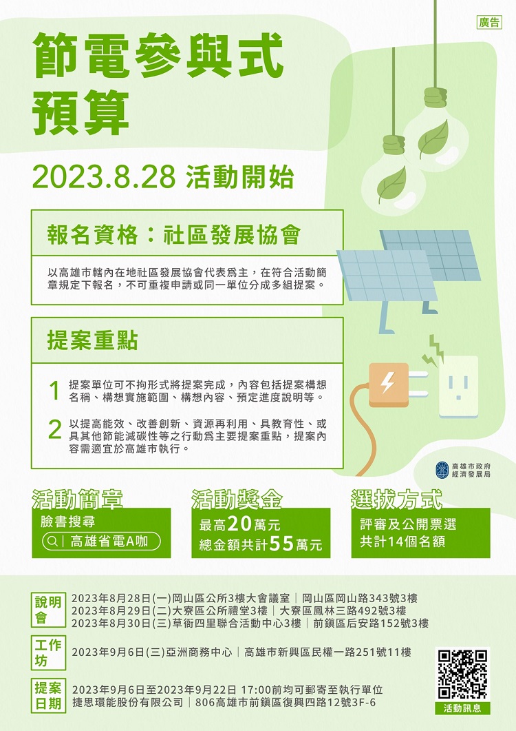 經發局訂於112年8月28日至30日舉辦「節電參與式預算」說明會，廣邀社區發展協會找出具地方特色的節